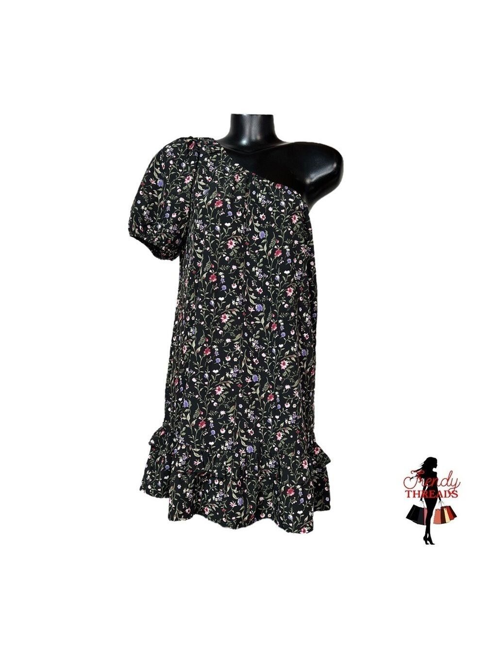 French Grey NEW One Shoulder Ruffle Dress Medium Large Dark Floral Black Boho